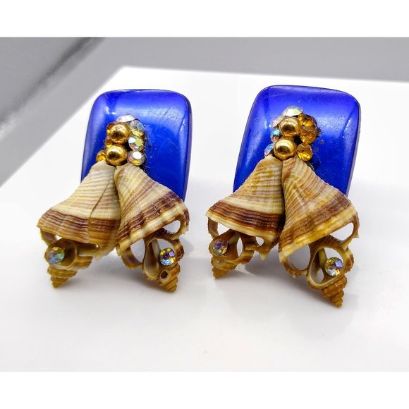 Vintage Genuine Seashell Earrings, Mid Century Blue Lucite w Shell Bells AB - Picture 5 of 6